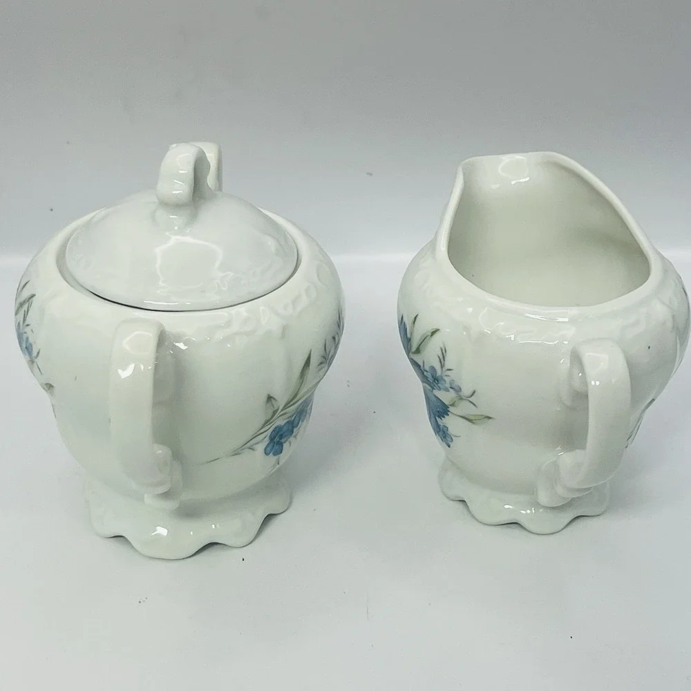 Vintage White Ceramic Teapot Blue Floral Cornflower Design Scalloped Rim